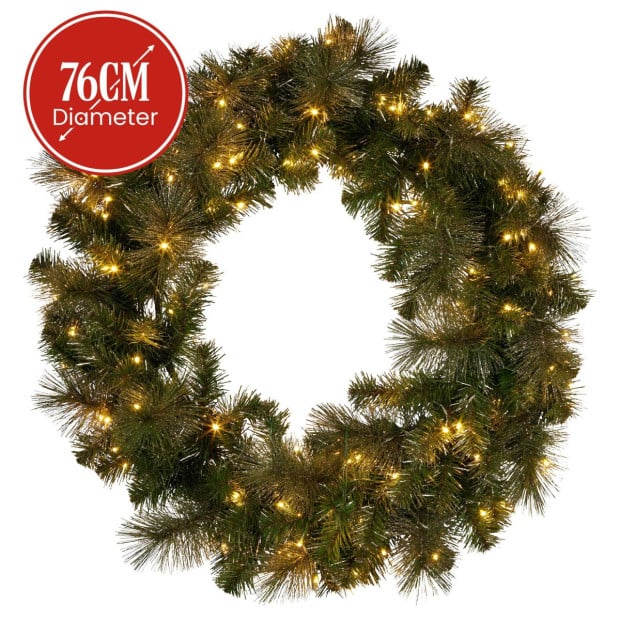 Christabelle 76cm Battery-Operated Split Christmas Wreath Glittery Gold Pine Image 3