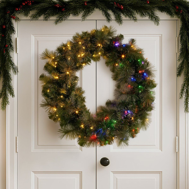 Christabelle 76cm Battery-Operated Split Christmas Wreath Glittery Gold Pine Image 7