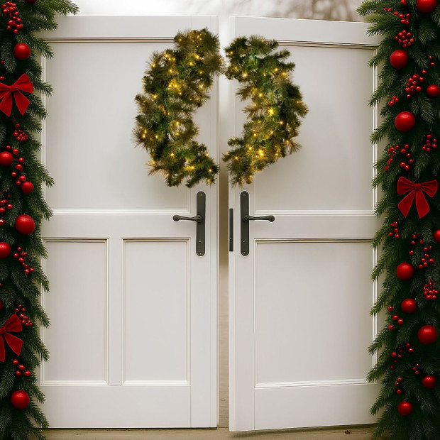 Christabelle 76cm Battery-Operated Split Christmas Wreath Glittery Gold Pine Image 8