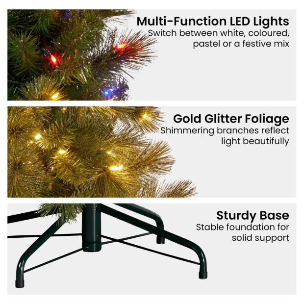 Christabelle 9ft Christmas Tree Glittery Gold Pine Needles 850 LED Multi-Functional Lights Xmas Decor Image 6
