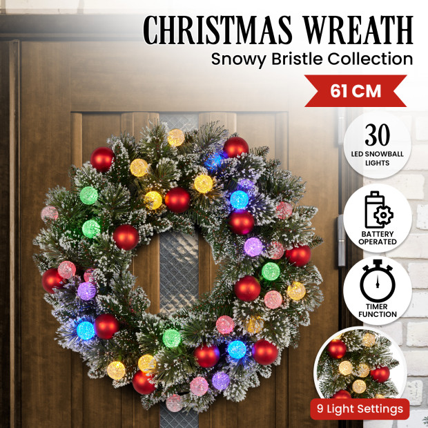 Snowy Bristle Pre-Lit Multicolour Christmas Wreath - 61cm