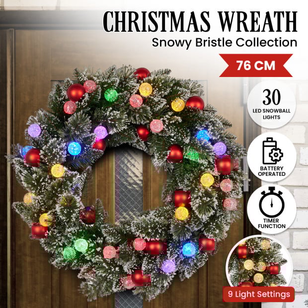 Snowy Bristle Pre-Lit Multicolour Christmas Wreath - 76cm