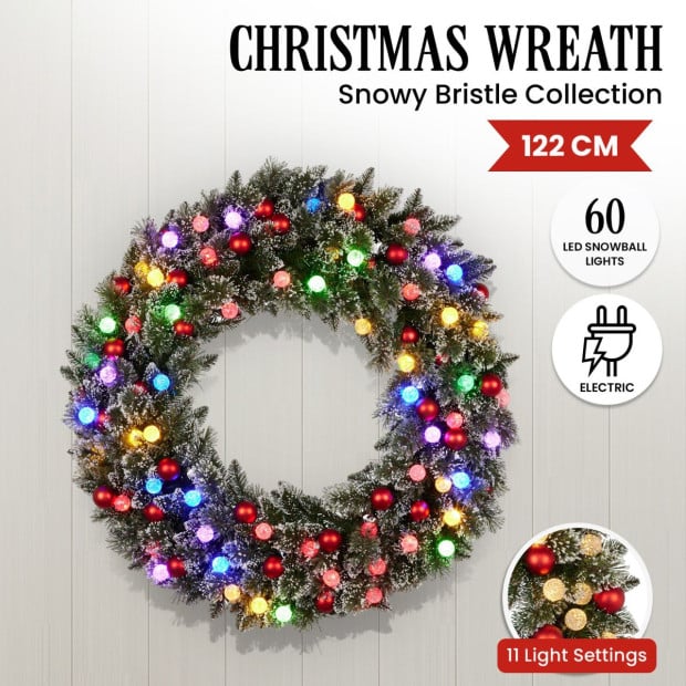 Snowy Bristle Multicolour Pre-Lit Christmas Wreath - 122cm