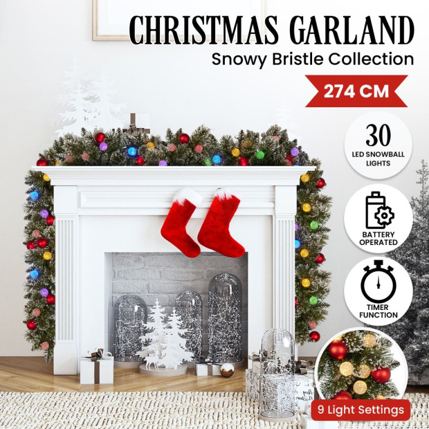 Snowy Bristle Pre-Lit Multicolour Christmas Garland - 274cm