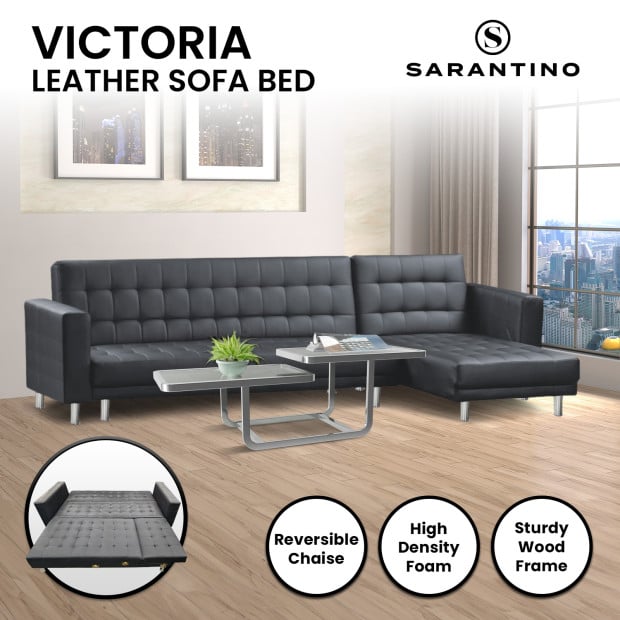 Victoria Modular Tufted Faux Leather Sofa Bed with Chaise by Sarantino - Black