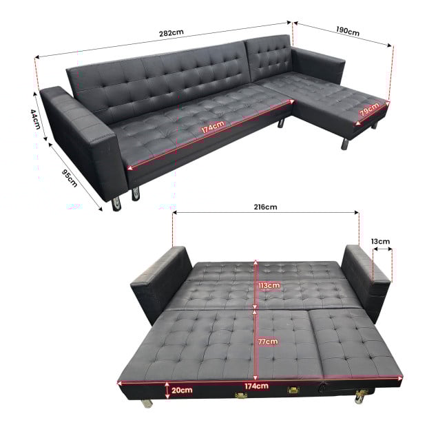 Victoria Modular Tufted Faux Leather Sofa Bed with Chaise by Sarantino - Black Image 3