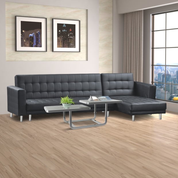 Victoria Modular Tufted Faux Leather Sofa Bed with Chaise by Sarantino - Black Image 6