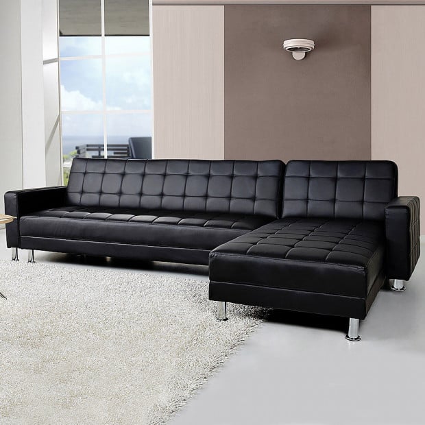 Victoria Modular Tufted Faux Leather Sofa Bed with Chaise by Sarantino - Black