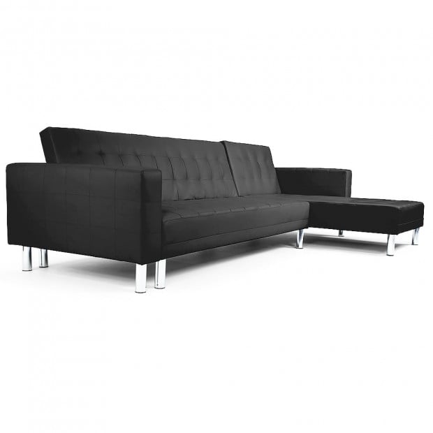 Victoria Modular Tufted Faux Leather Sofa Bed with Chaise by Sarantino - Black Image 6