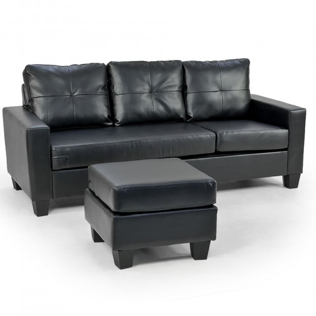 Orleans Faux Leather Sectional Sofa with Chaise Ottoman by Sarantino - Black Image 2