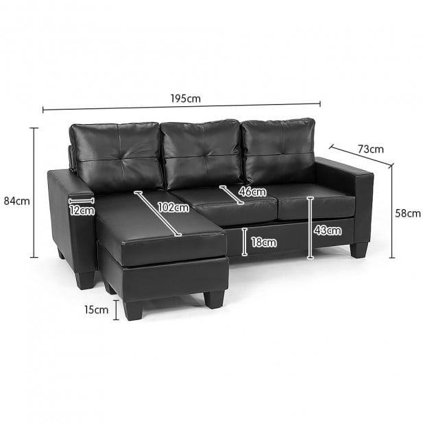 Orleans Faux Leather Sectional Sofa with Chaise Ottoman by Sarantino - Black Image 6