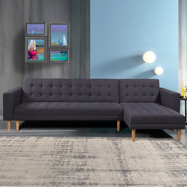 Linen Fabric Corner Sofa Bed Couch Lounge with Chaise - Dark Grey
