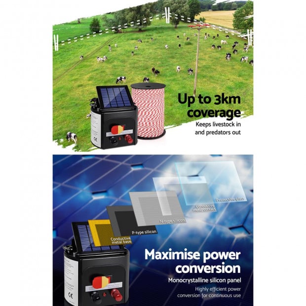 Electric Fence Energiser 3km Solar Powered Energizer Charger 500m Tape Image 4