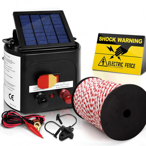 Electric Fence Energiser 5km Solar Powered Charger + 500m Rope