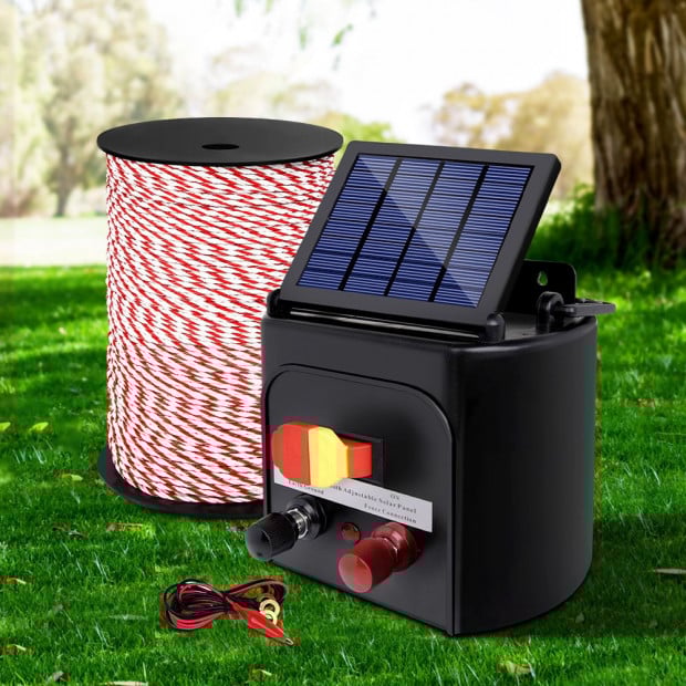 Electric Fence Energiser 5km Solar Powered Charger + 500m Rope