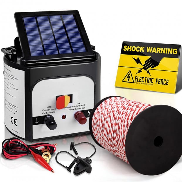 Electric Fence Energiser 8km Solar Powered Charger 500m Polytape Rope