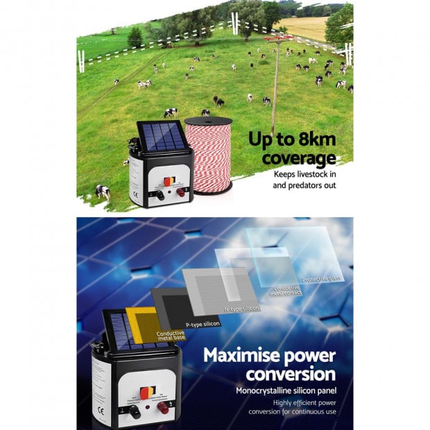 Electric Fence Energiser 8km Solar Powered Charger 500m Polytape Rope Image 4