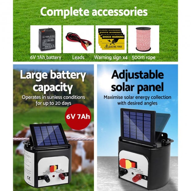 Electric Fence Energiser 8km Solar Powered Charger 500m Polytape Rope Image 5