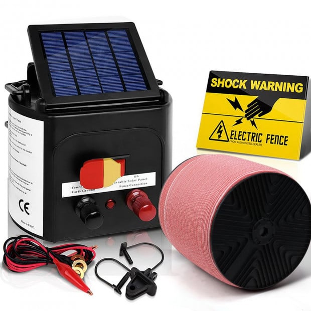 Electric Fence Energiser 3km Solar Powered Energizer Set + 1200m Tape