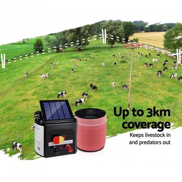 Electric Fence Energiser 3km Solar Powered Energizer Set + 1200m Tape Image 4