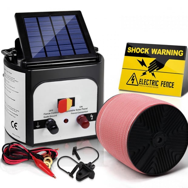 Electric Fence Energiser 8km Solar Energizer Charger + 1200m Tape