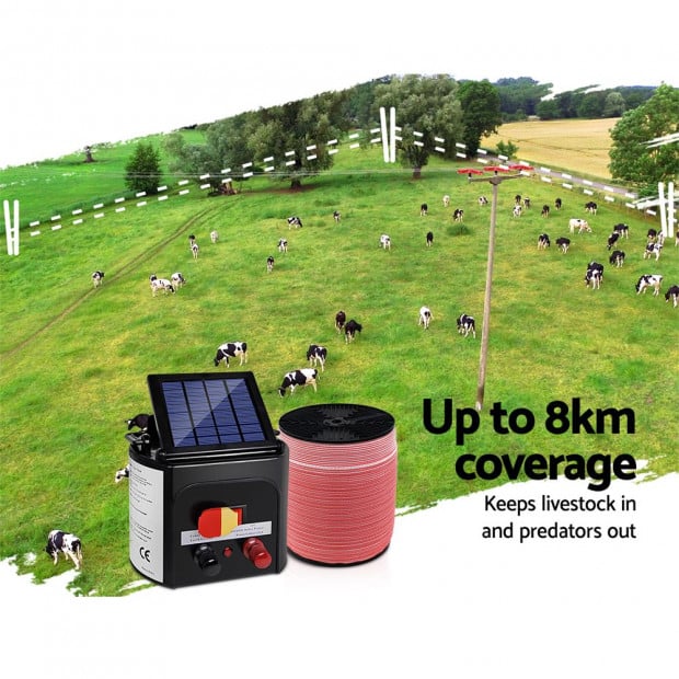 Electric Fence Energiser 8km Solar Energizer Charger + 1200m Tape Image 4