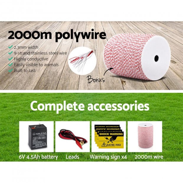 3KM Solar Electric Fence Energiser 0.1J + 2000M Poly Fencing Wire Tape Image 5