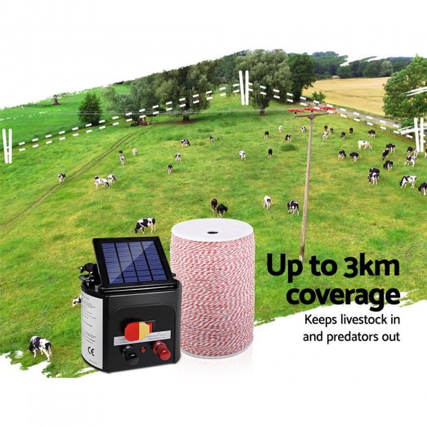 3KM Solar Electric Fence Energiser 0.1J + 2000M Poly Fencing Wire Tape Image 6