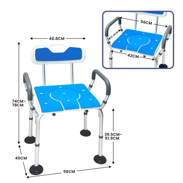 Orthonica Height-Adjustable Aluminium Commode Shower Chair with Armrests Backrest Armrests Soft Stool Seat Aid Image 4