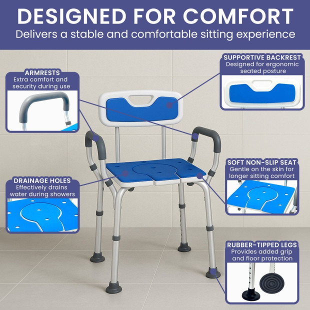 Orthonica Height-Adjustable Aluminium Commode Shower Chair with Armrests Backrest Armrests Soft Stool Seat Aid Image 9