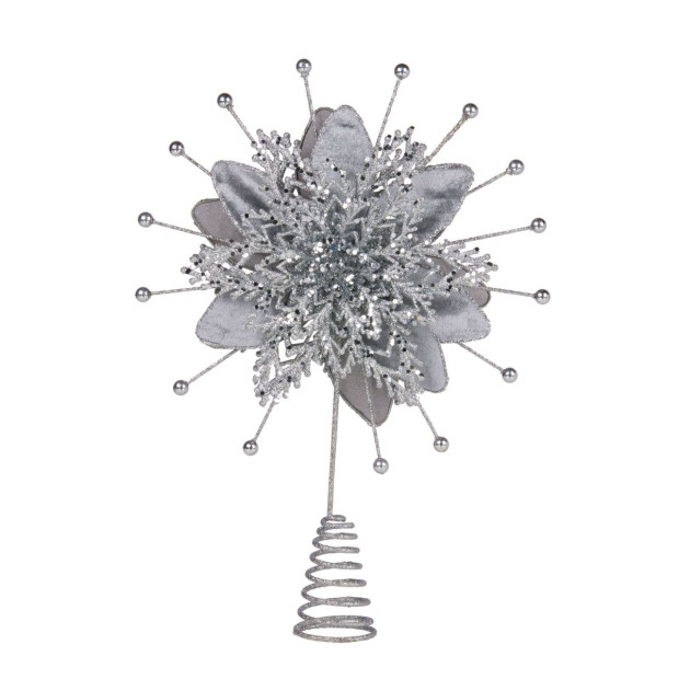 Christabelle Christmas Tree Topper Poinsettia Decoration Ornament Shimmering Silver Glittered Petals Image 2