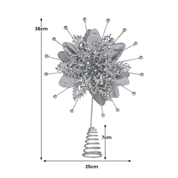 Christabelle Christmas Tree Topper Poinsettia Decoration Ornament Shimmering Silver Glittered Petals Image 3