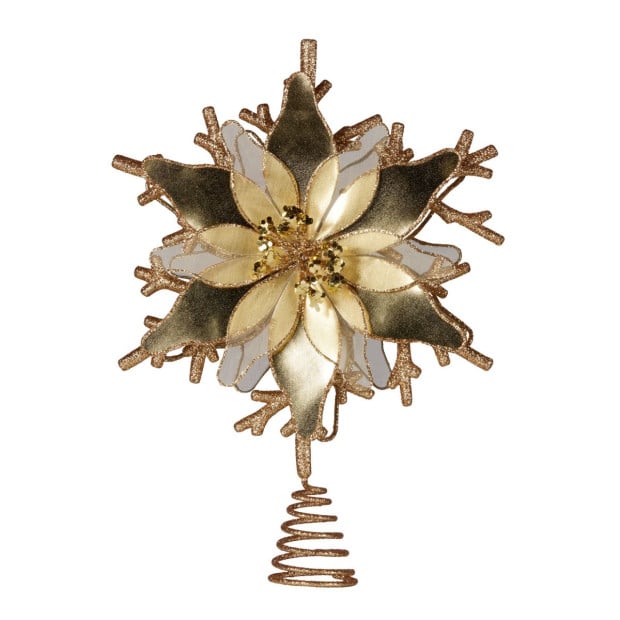 Christabelle Gold Christmas Tree Topper with Poinsettia Flower & Snowflake Design Image 2