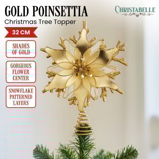 Christabelle Gold Christmas Tree Topper with Poinsettia Flower & Snowflake Design