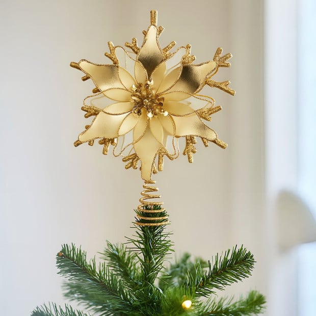 Christabelle Gold Christmas Tree Topper with Poinsettia Flower & Snowflake Design Image 4