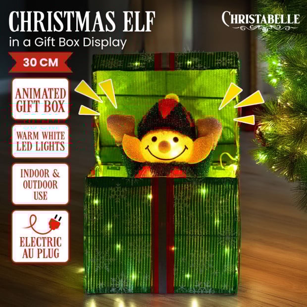 Christabelle Animated Elf in a Gift Box LED Lights Christmas Tree Decoration Ornament Xmas