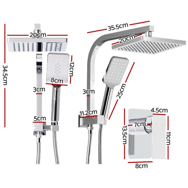 WELS 8 Rain Shower Head Mixer Square Handheld High Pressure Chrome Image 2