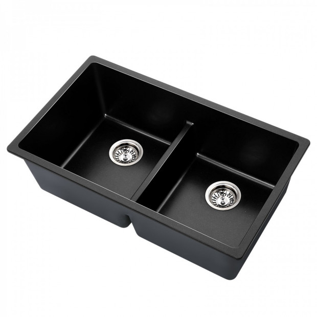 Stone Granite Kitchen Sink Double Bowl Top Undermount 790x460mm Black