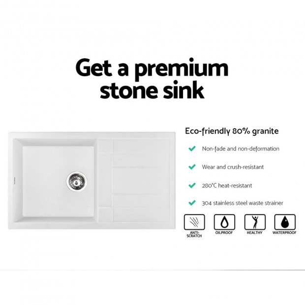 Kitchen Sink Granite Stone Top or Undermount Single White 860x500mm Image 3