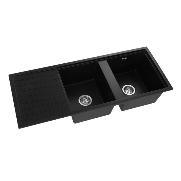 Kitchen Sink Stone Granite Laundry Basin Double Bowl 116x49cm Black