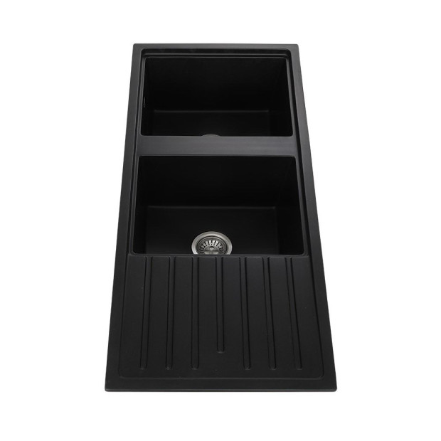 Kitchen Sink Stone Granite Laundry Basin Double Bowl 116x49cm Black Image 3