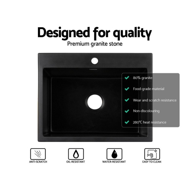 Kitchen Sink Granite Stone Sinks Basin Single Bowl Black 600mmx470mm Image 6