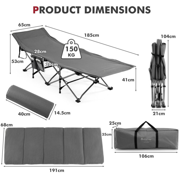Folding Travel Camping Cot With Removable Mattress & Pillow Grey Image 5