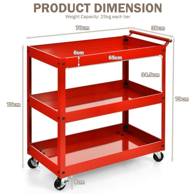3-tier Utility Cart With Humanized Handle For Office Kitchen Red Image 4