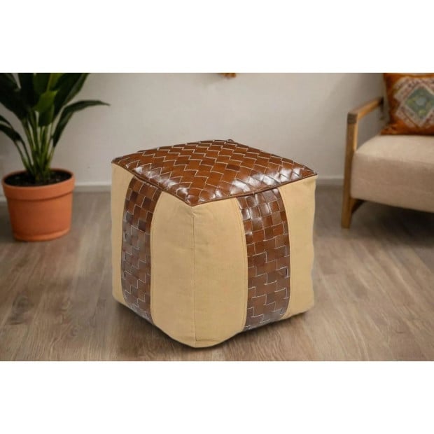 Genuine Leather And Canvas Ottoman 45x45x43cm Image 4