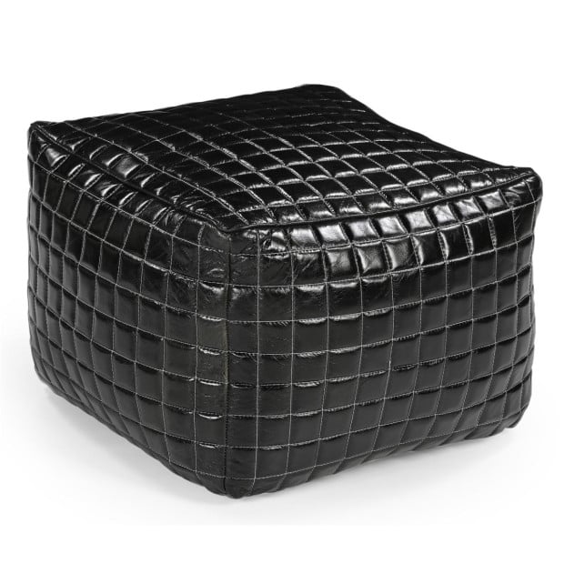 Sleek Black Leather Ottoman Handmade 60x60x48cm