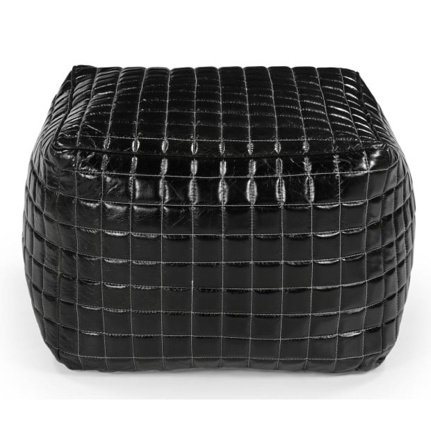 Sleek Black Leather Ottoman Handmade 60x60x48cm Image 2