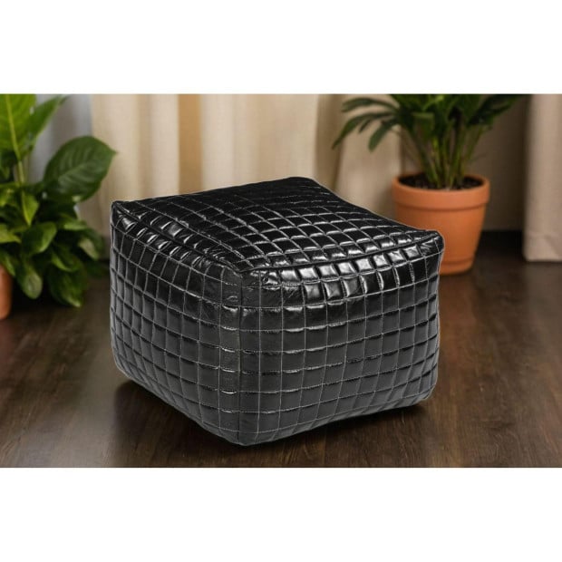 Sleek Black Leather Ottoman Handmade 60x60x48cm Image 5