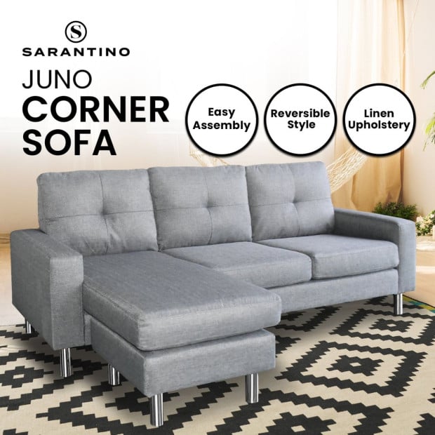 Juno Linen Corner Sofa with Chaise Lounge and Metal Legs by Sarantino - Grey
