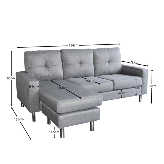 Juno Linen Corner Sofa with Chaise Lounge and Metal Legs by Sarantino - Grey Image 3